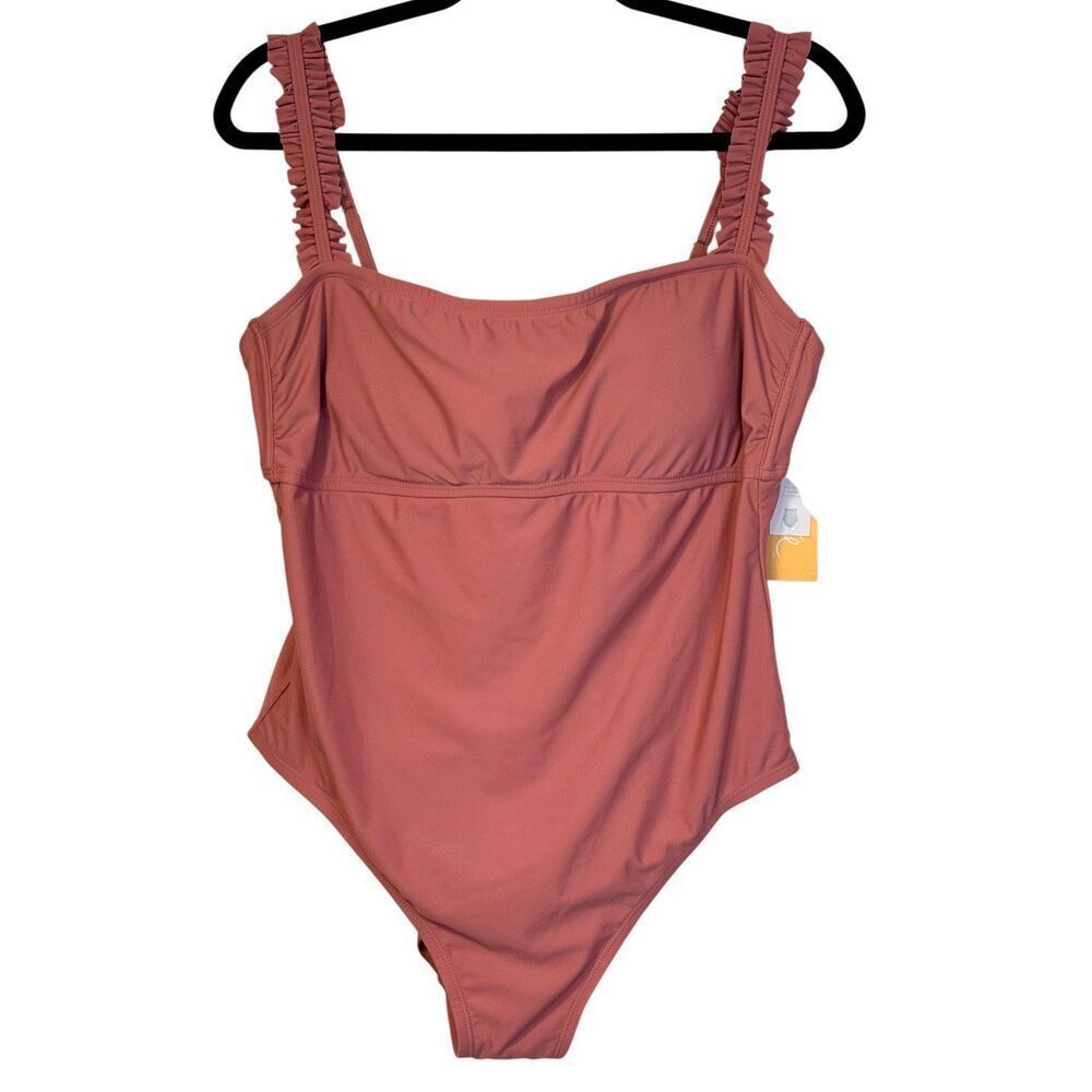 NWT KONA SOL Rose Pink Ruffle Strap Padded One Piece Swimsuit XL
